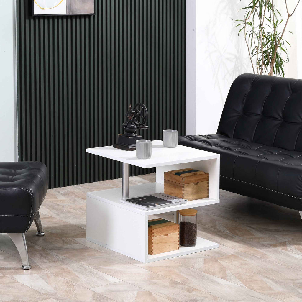 Caelan Wooden S Shape End Table with 3 Tier Storage Shelves-White