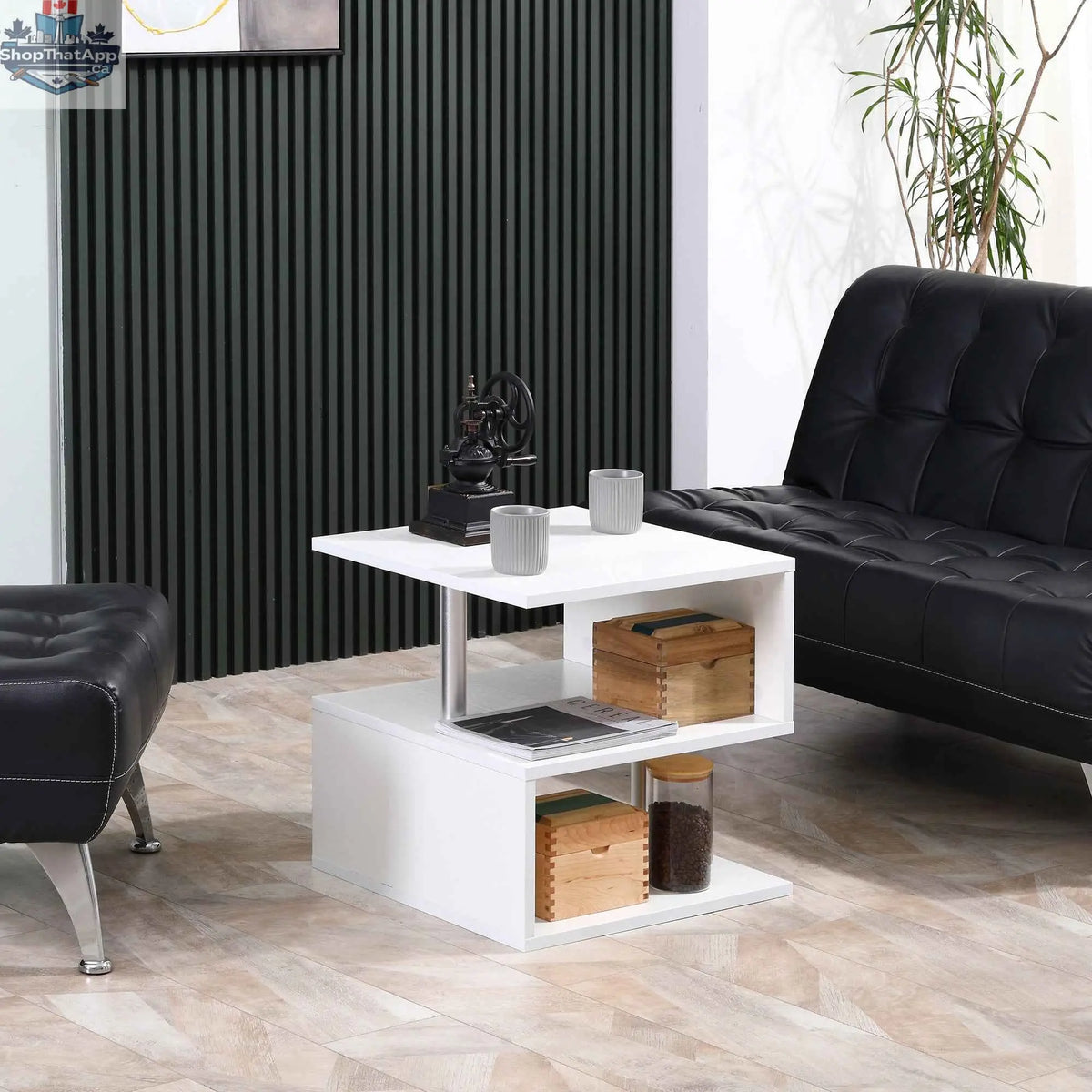 Caelan wooden S-shaped end table with white finish and three-tier storage shelves, modern furniture by SLOTH Nation.
