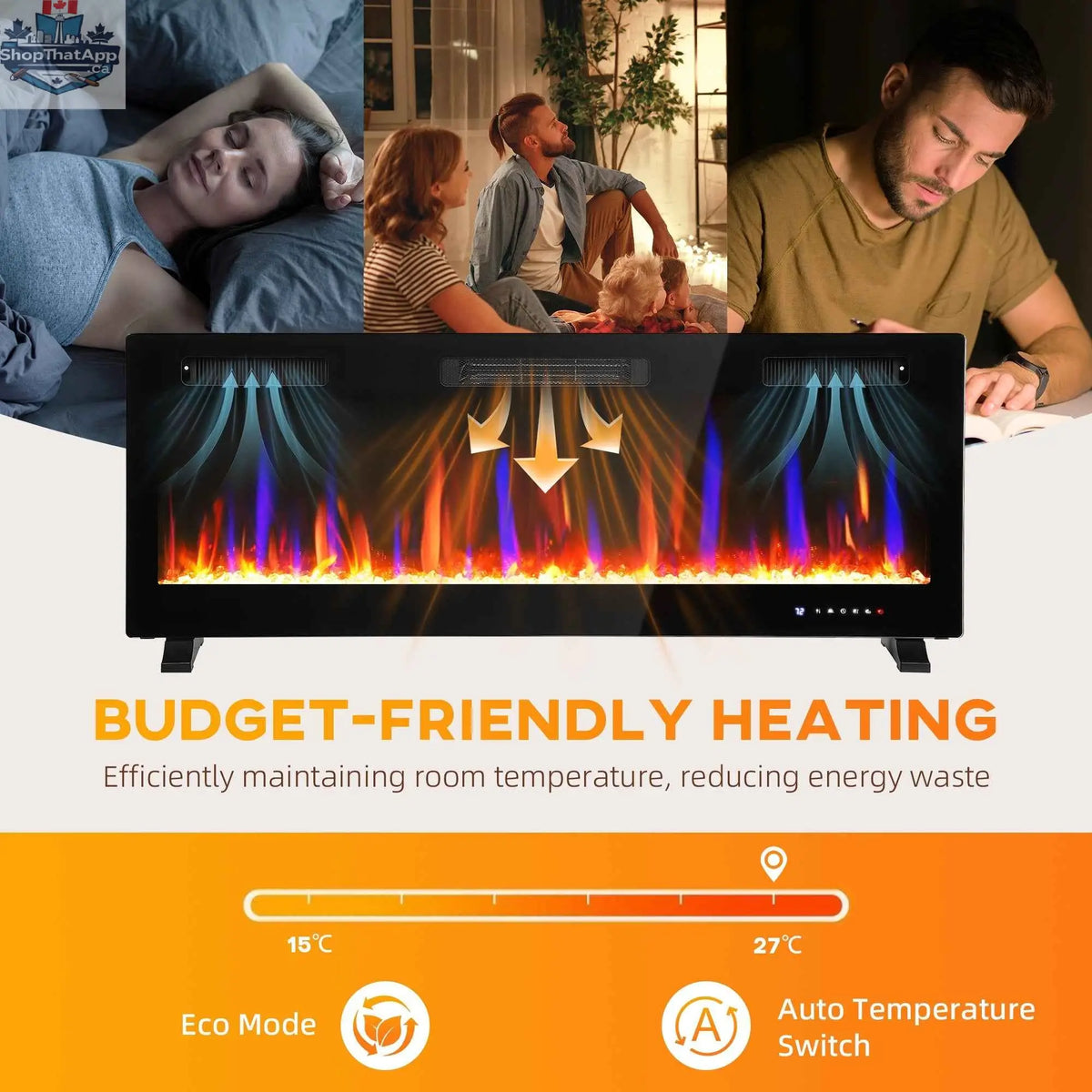 SLOTH Nation Marley electric fireplace heater, 50-inch tall, freestanding or wall-mounted with eco mode for cozy home décor.