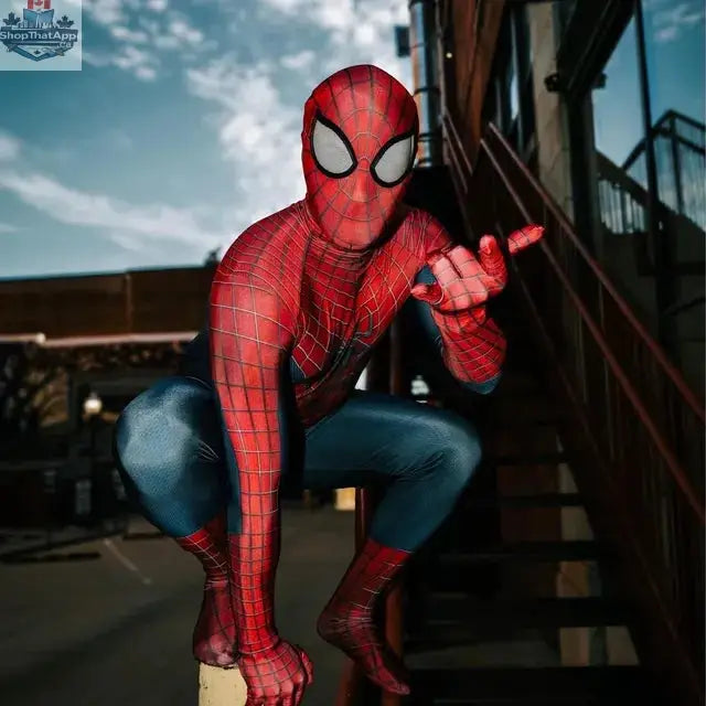 MRJCOS Spider Super Hero cosplay full bodysuit Halloween costume featuring red and black design with web patterns.