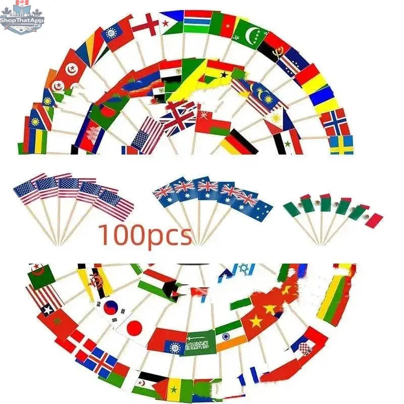 Set of 100 paper toothpick flags representing 100 countries, ideal for decorating desserts, steaks, and cakes.