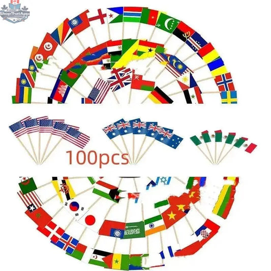 Set of 100 paper toothpick flags representing 100 countries, ideal for decorating desserts, steaks, and cakes.