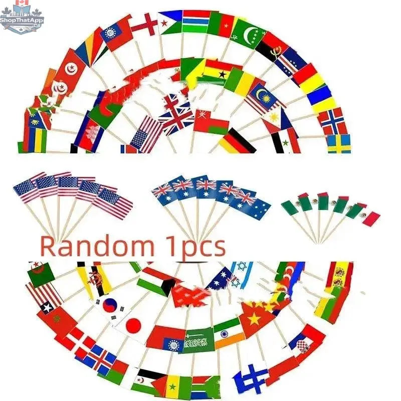 Decorative paper toothpick flags featuring 100 countries, ideal for desserts, steaks, and cakes, by EX-STOCK Canada.