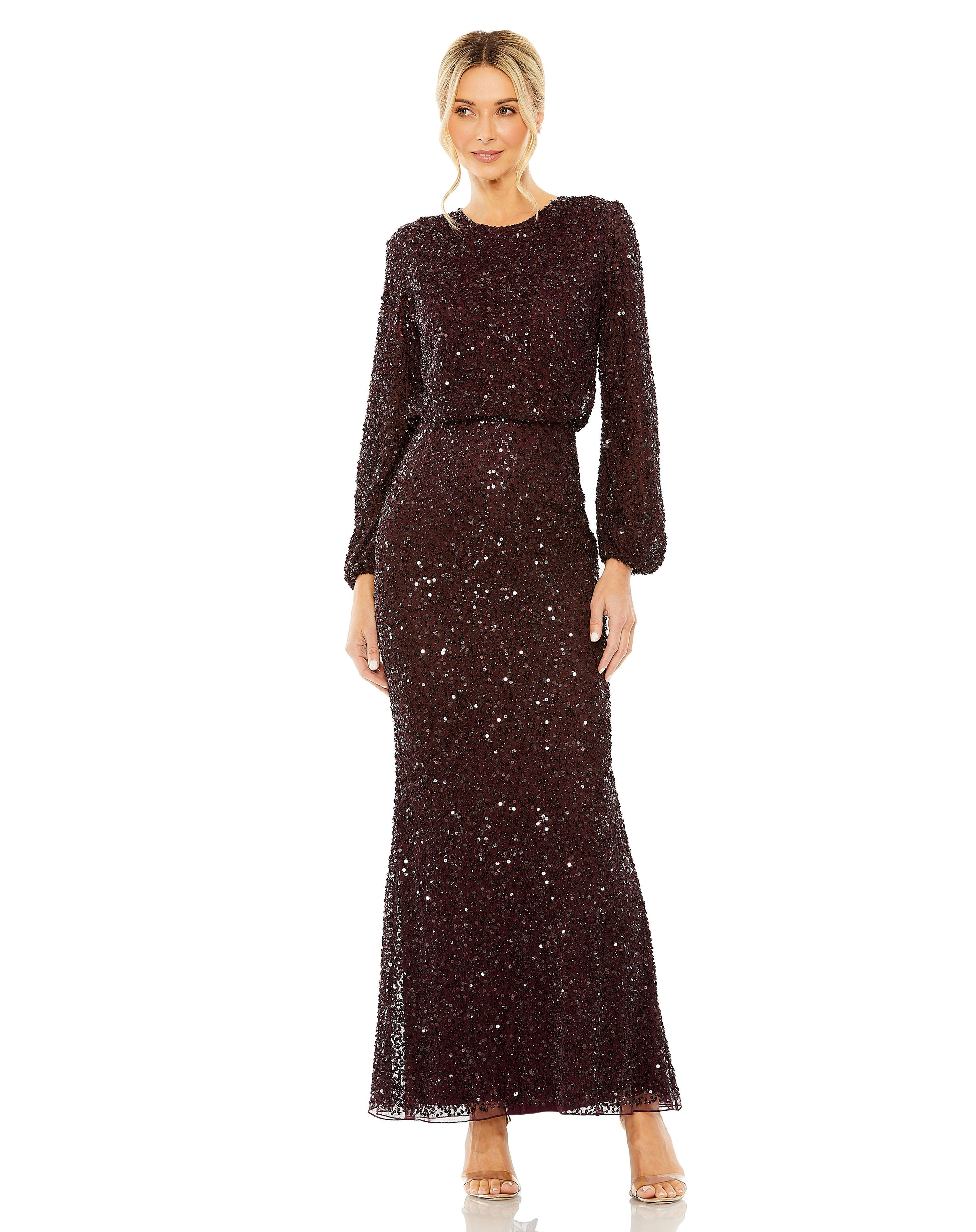 High Neck Long Sleeve Beaded Blouson Gown - Www.Shopthatapp.ca