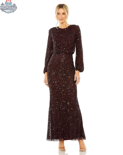 Elegant Threads black high-neck long sleeve evening gown with beaded blouson, perfect for elegant occasions.