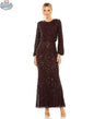 Elegant Threads black high-neck long sleeve evening gown with beaded blouson, perfect for elegant occasions.