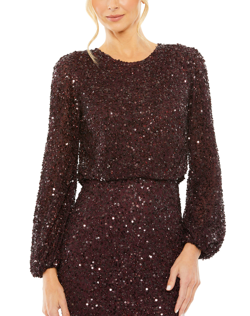 High Neck Long Sleeve Beaded Blouson Gown - Www.Shopthatapp.ca
