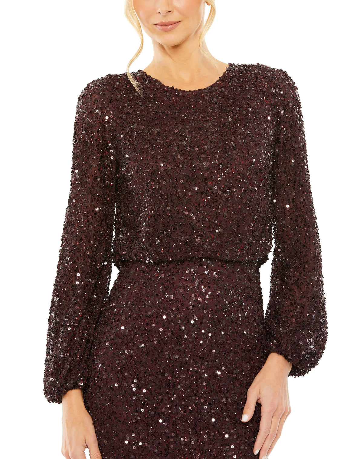 Black evening gown with high neck, long sleeves, and beaded blouson detail by Elegant Threads, perfect for elegant occasions.