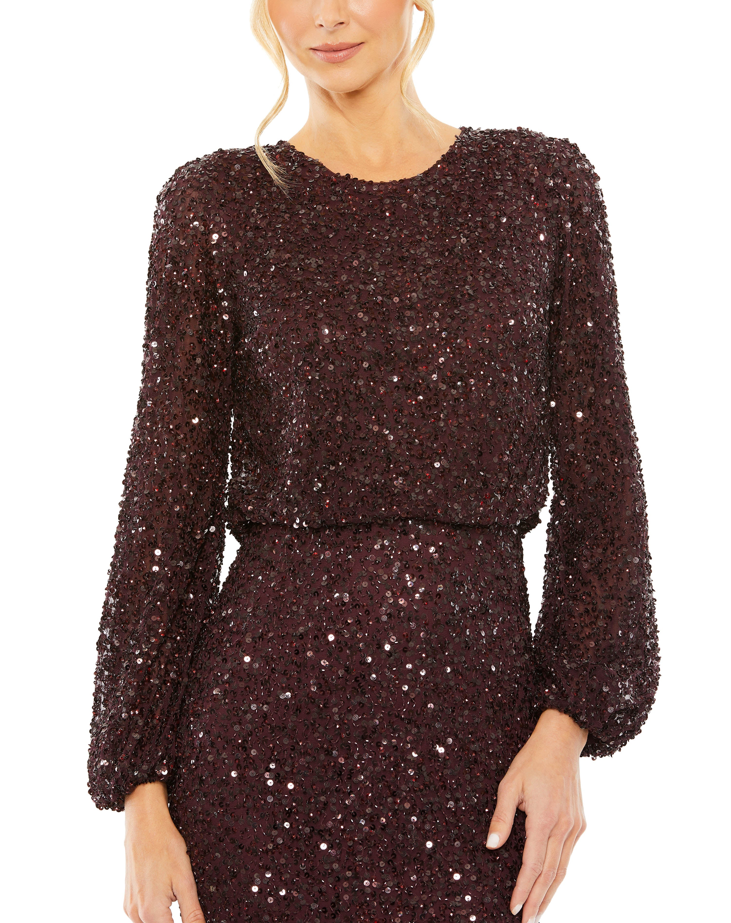 High Neck Long Sleeve Beaded Blouson Gown - Www.Shopthatapp.ca