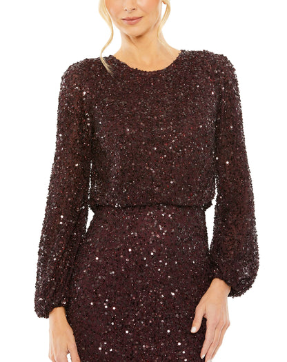 Black evening gown with high neck, long sleeves, and beaded blouson detail by Elegant Threads, perfect for elegant occasions.
