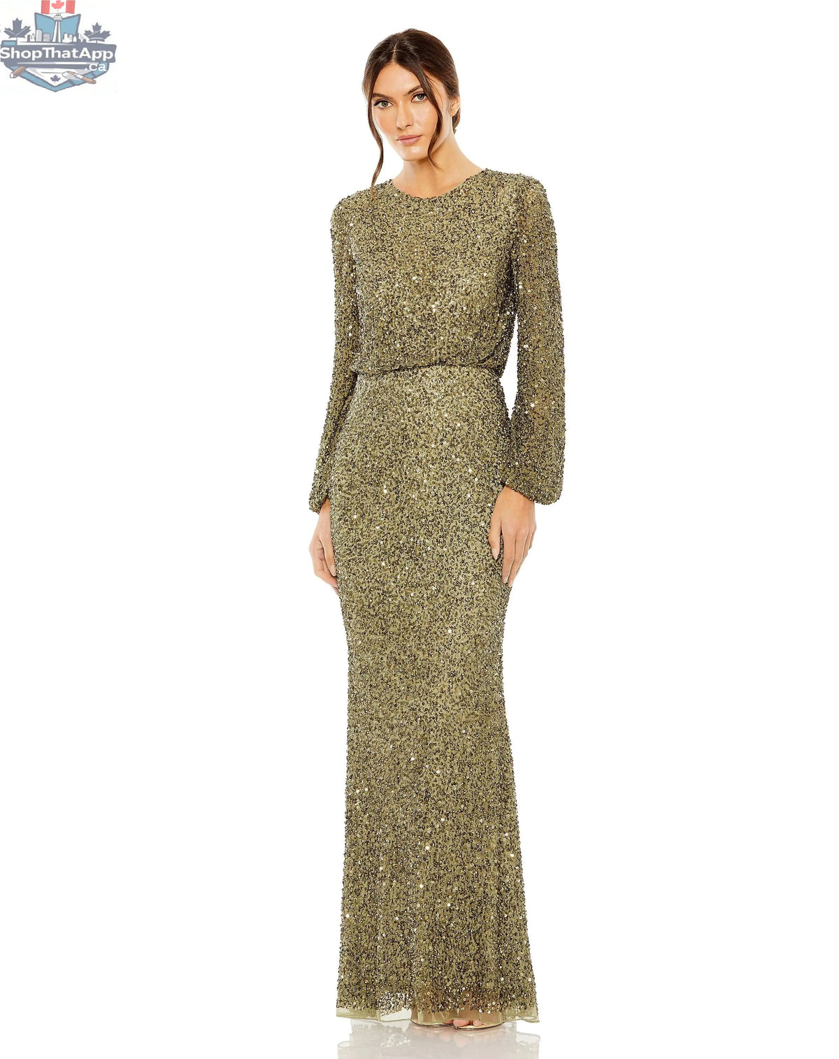 Elegant Threads olive high neck long sleeve evening gown with beaded blouson, perfect for elegant occasions.