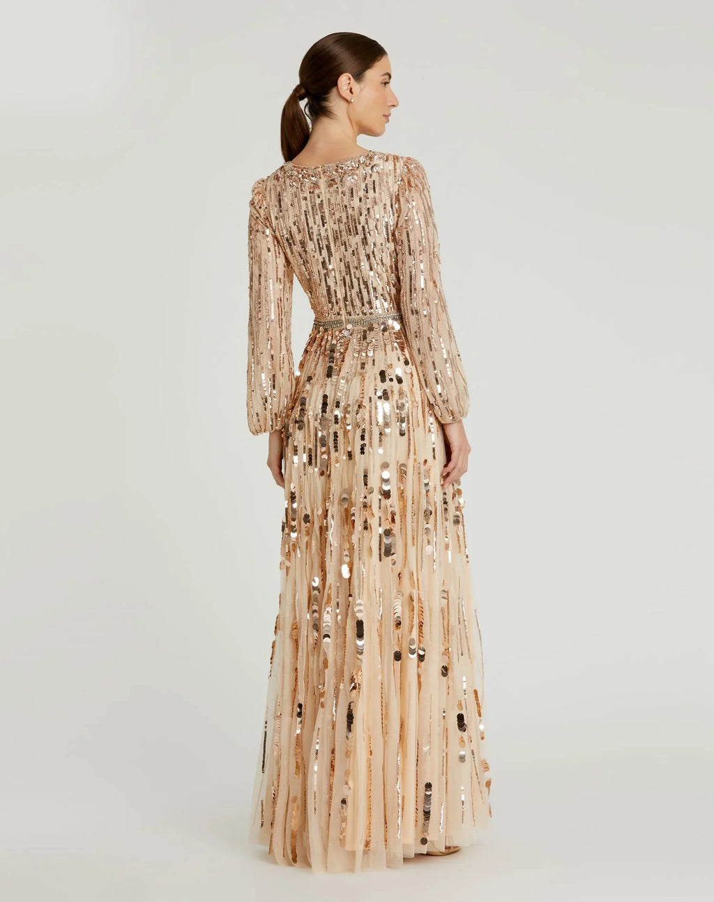 Embellished Mesh Long Sleeve V Neck Gown - Www.Shopthatapp.ca