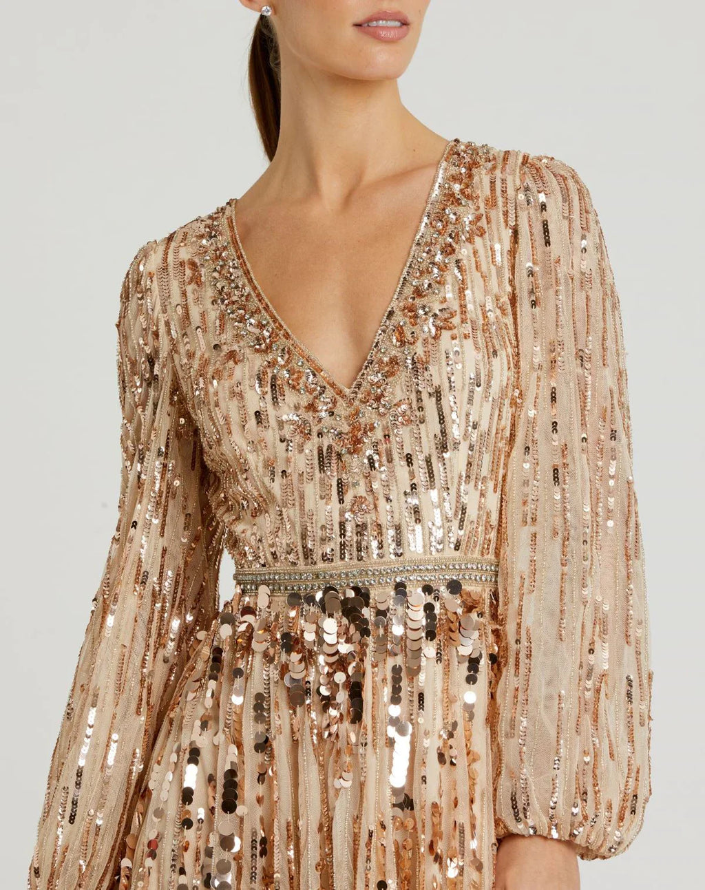 Embellished Mesh Long Sleeve V Neck Gown - Www.Shopthatapp.ca