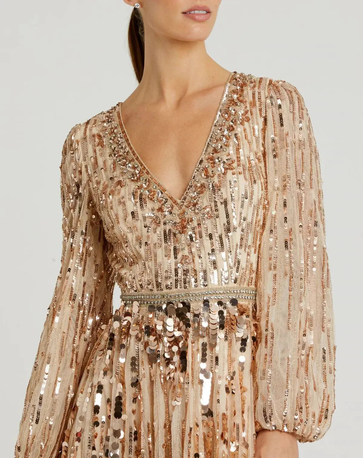 Elegant Threads embellished mesh long sleeve evening gown in bisque with intricate detailing for sophisticated formal wear.