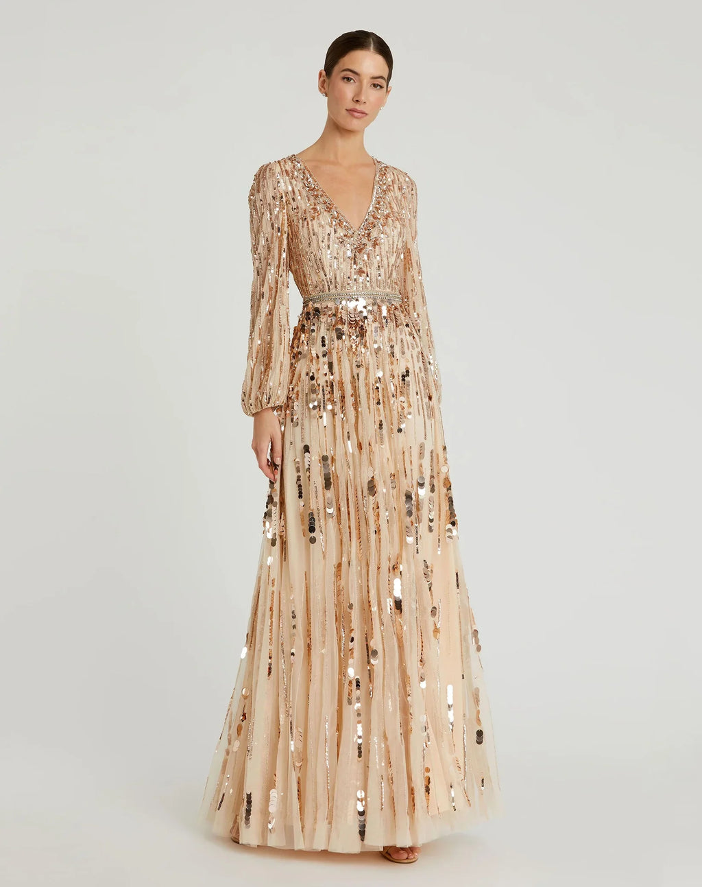Embellished Mesh Long Sleeve V Neck Gown - Www.Shopthatapp.ca