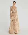 Embellished Mesh Long Sleeve V Neck Gown - Www.Shopthatapp.ca