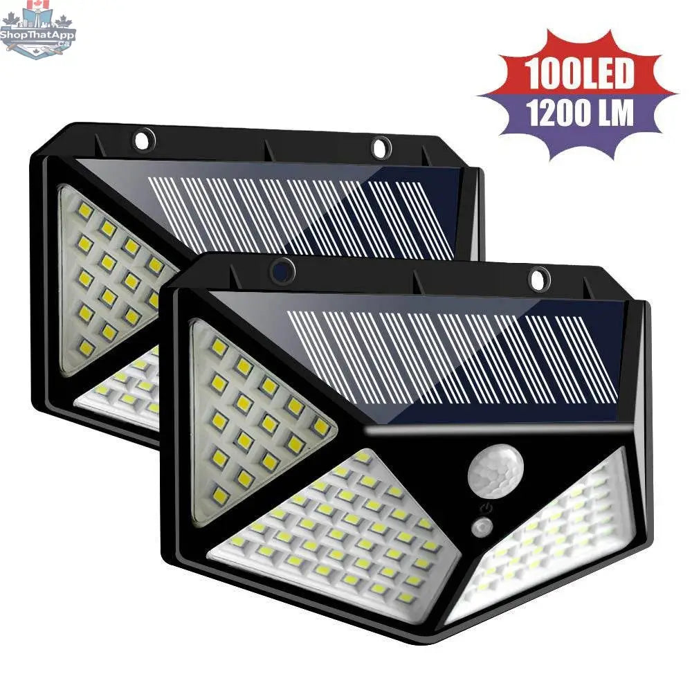 Outdoor solar LED wall light by EX-STOCK Canada, 100 LEDs for garden, corridor, and courtyard lighting at night.