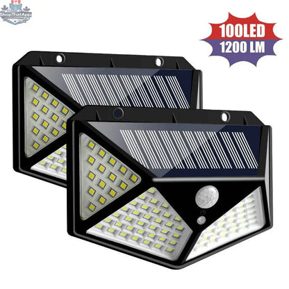 Outdoor solar LED wall light by EX-STOCK Canada, 100 LEDs for garden, corridor, and courtyard lighting at night.