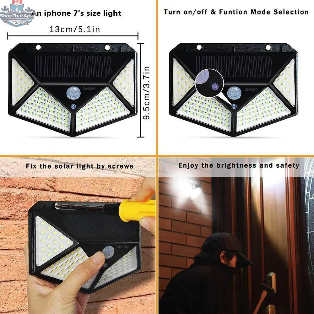 Outdoor 100 LED solar wall light by EX-STOCK Canada illuminating garden, corridor, and courtyard areas at night.