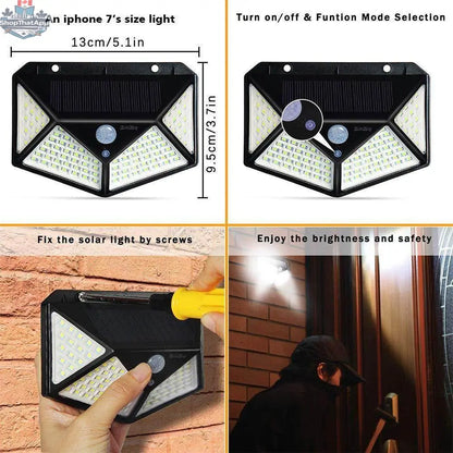 Outdoor 100 LED solar wall light by EX-STOCK Canada illuminating garden, corridor, and courtyard areas at night.