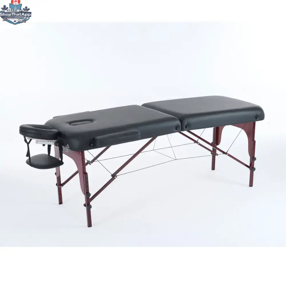 Greenlife Calgary 5-inch 2-section portable massage table with wooden frame, black and cream color, suitable for professional massage therapy.