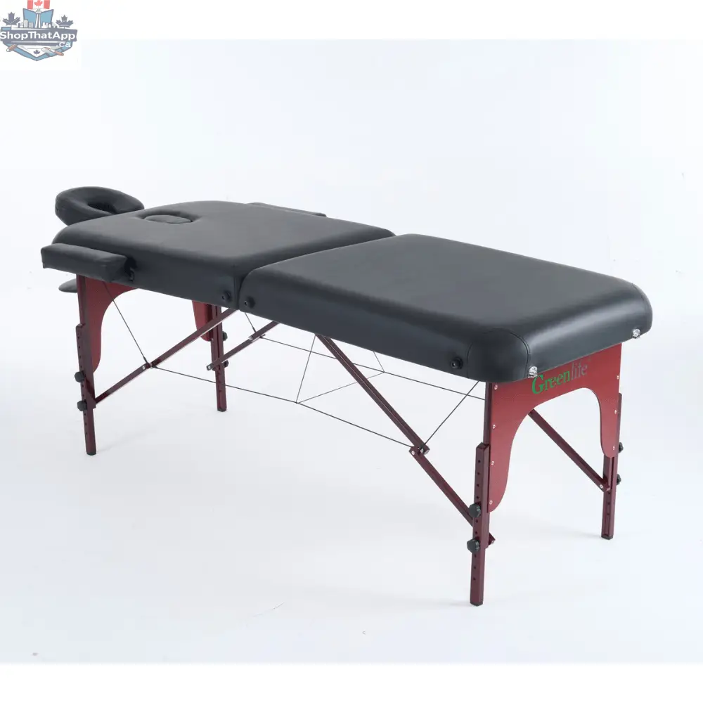 Greenlife Calgary 5-inch 2-section wooden portable massage table in black and cream, designed for comfortable massage sessions.