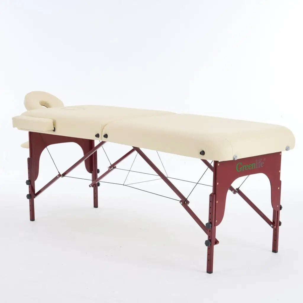 Greenlife Calgary 5-inch 2-section wooden portable massage table in black and cream for professional spa or massage therapy.