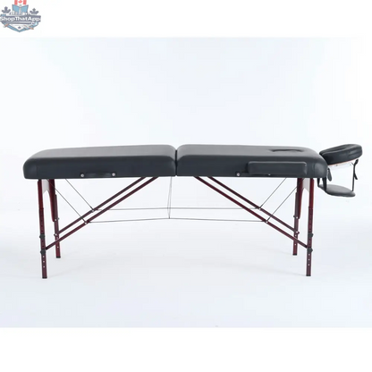Greenlife Calgary 5-inch 2-section wooden portable massage table with black and cream upholstery, ideal for professional massage therapy