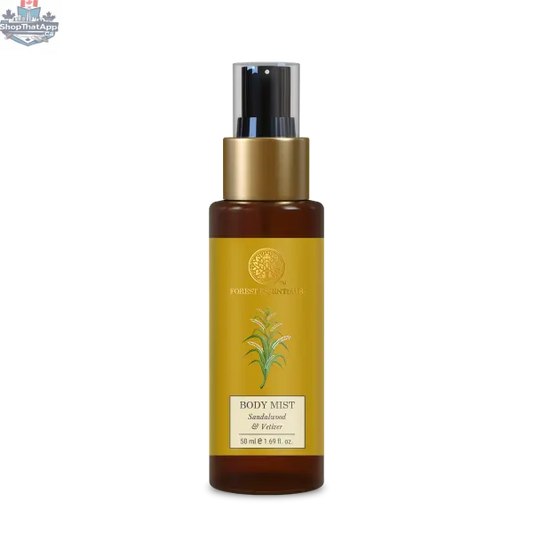 Forest Essentials Sandalwood Vetiver Body Mist 50ml bottle showing the product label and clear liquid inside.