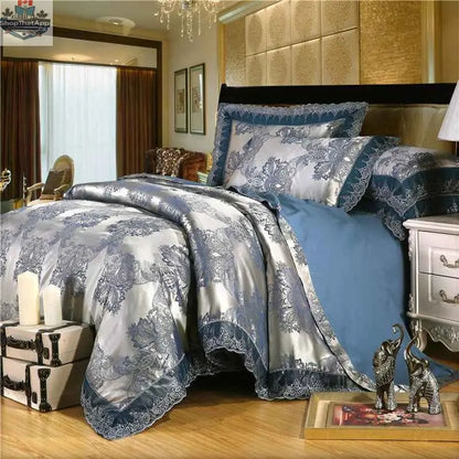 Luxurious jacquard cotton bedding set by SLOTH Nation featuring a four-piece duvet cover and silk-satin finish bed sheet.