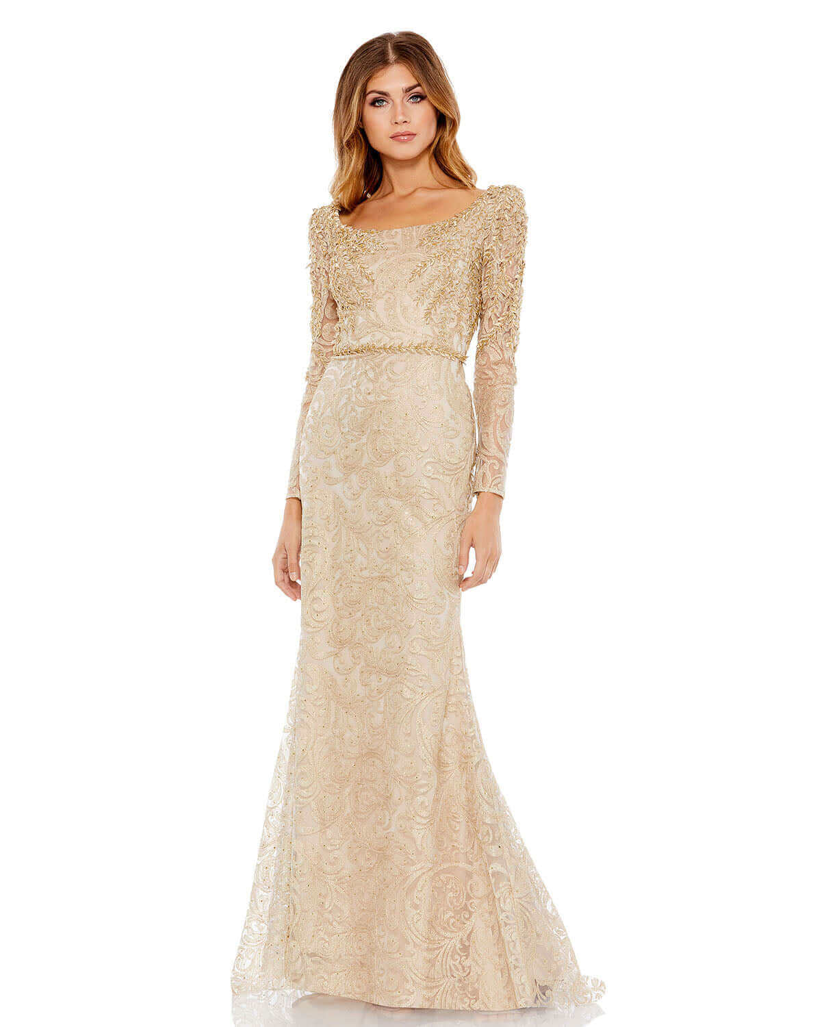 Embroidered Appliqué Shoulder Detail Trumpet Gown - Www.Shopthatapp.ca