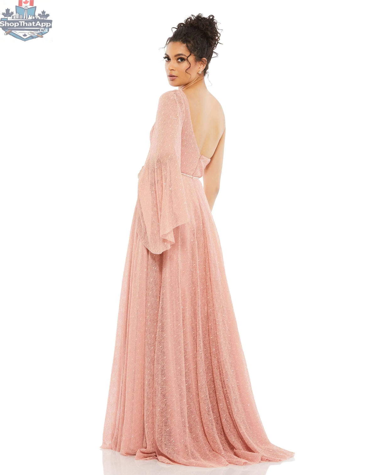 Elegant Threads one-shoulder lace evening gown with bell sleeves, featuring intricate lace details and a flowing silhouette.