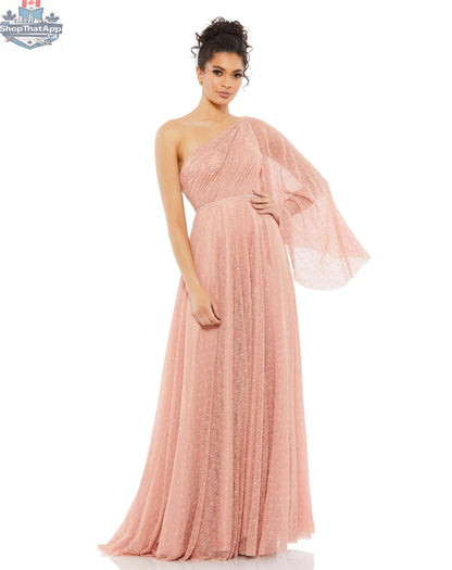 Elegant Threads one-shoulder lace evening gown with bell sleeves, featuring intricate lace details and a flowing silhouette.