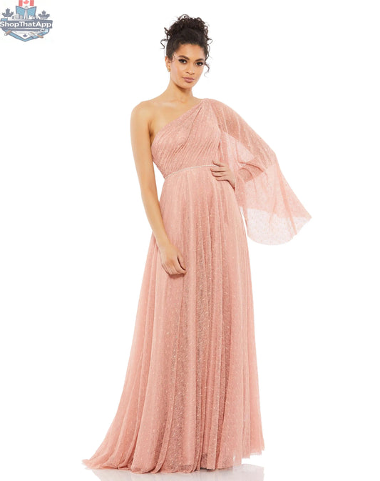 Elegant Threads one-shoulder lace evening gown with bell sleeves, featuring intricate lace details and a flowing silhouette.