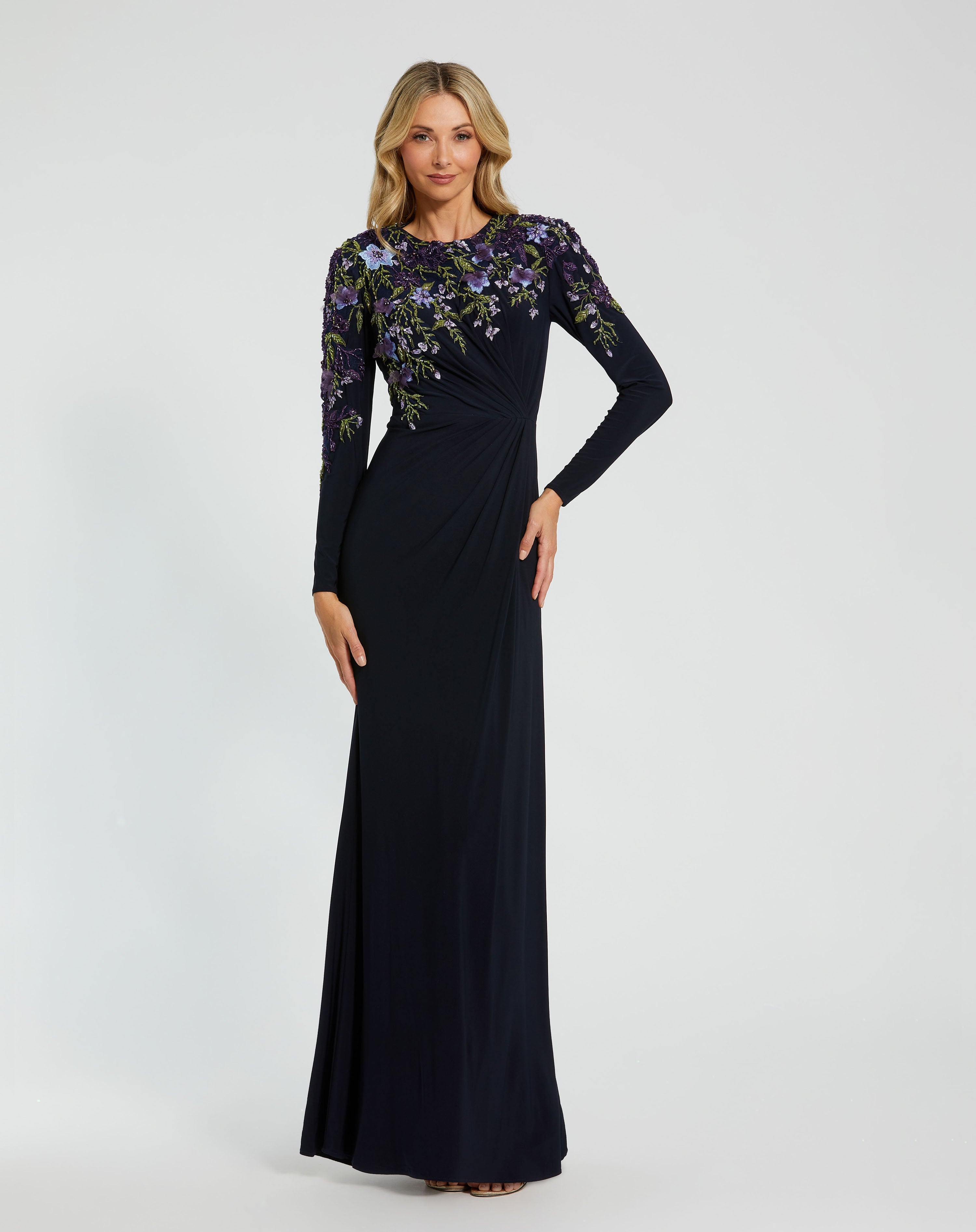Embellished Long Sleeve Fitted Jersey Gown - Www.Shopthatapp.ca