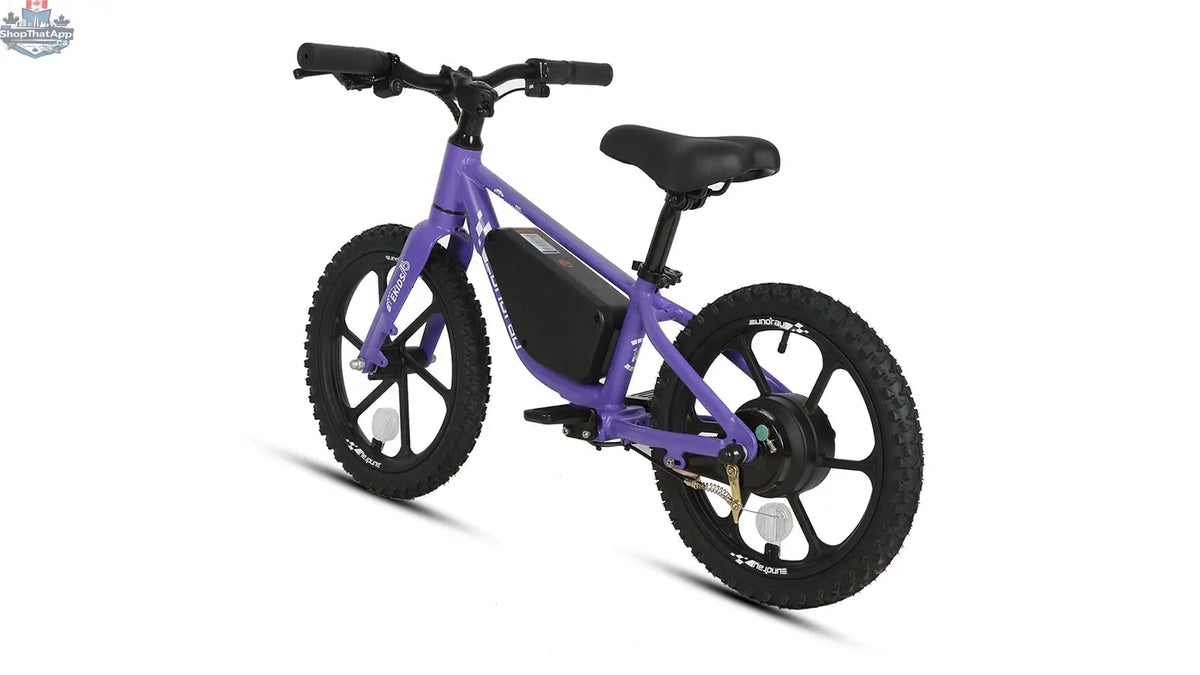E-Vélo EUNORAU QUEBEC EKIDS16 1.0 electric bicycle with sleek frame and handlebars, ready for riding.
