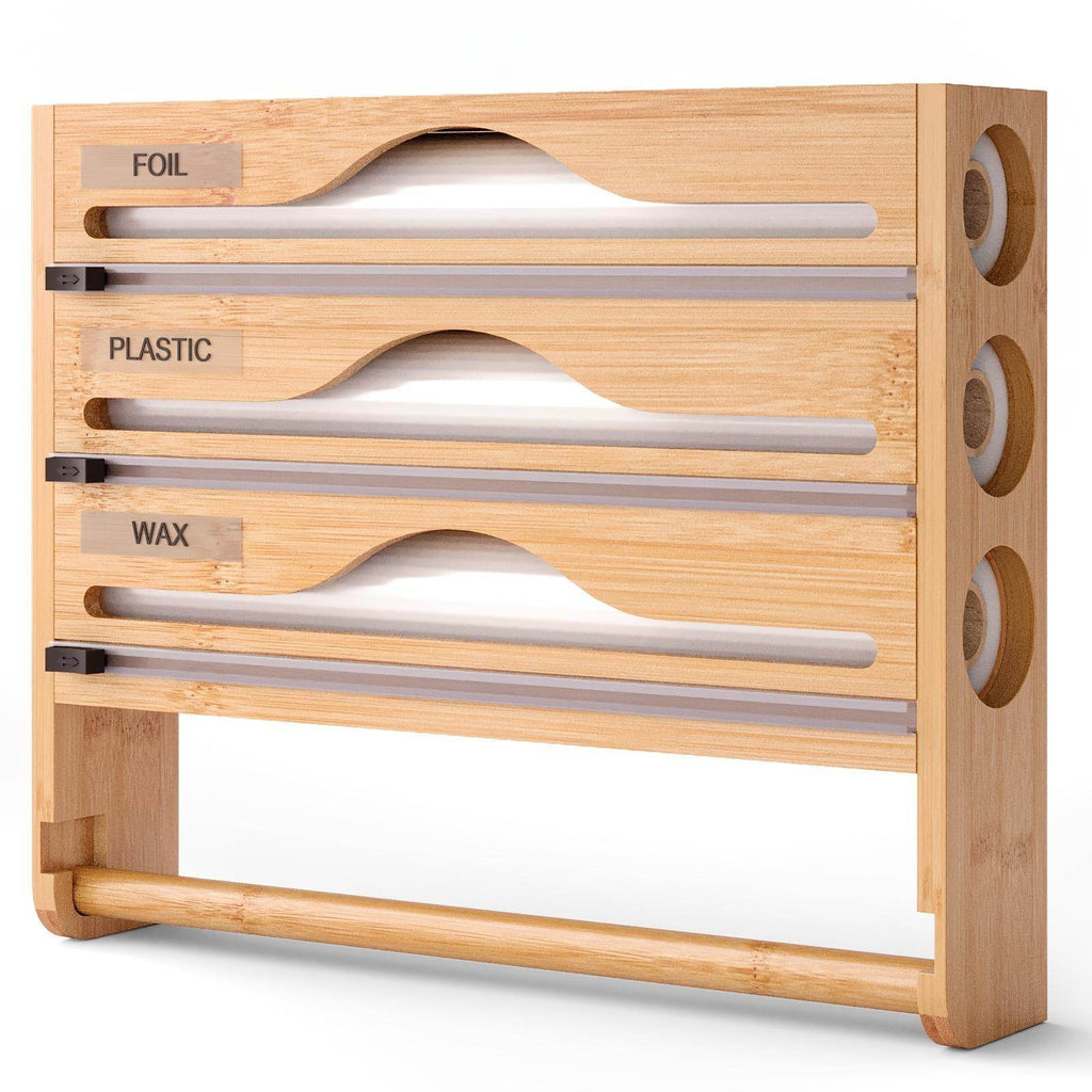3 grid Bamboo Wood Wall Mounted Food Wrap Dispenser