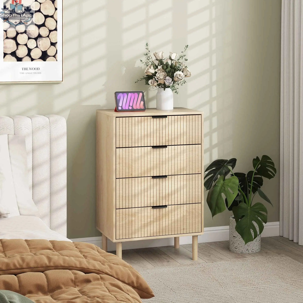 SLOTH Nation Jesse oak bedroom furniture chest of drawers with fluted panels and solid wood legs in natural oak finish.