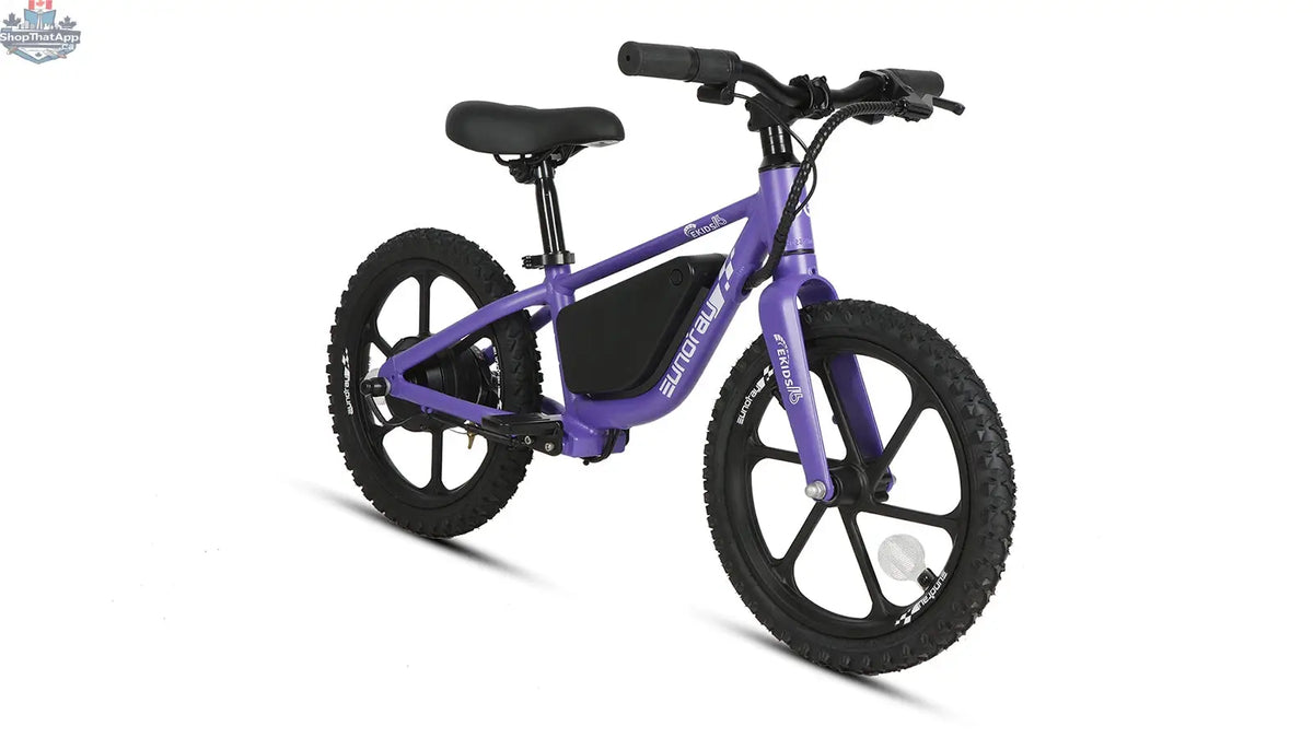 E-Vélo EUNORAU QUEBEC EKIDS16 1.0 electric bicycle with sleek frame and handlebar, ready for urban commuting.