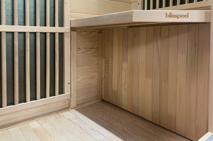 Zoppinh Blisspod Vienna Far Infrared Sauna for one with Canadian Hemlock wood, low EMF, measuring 72.8 inches high, 35.4 inches wide