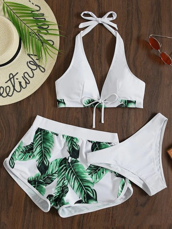 3pcs Leaf Print Bikini Swimsuit with Shorts for Women - Fashionable Summer Beach Outfit - Shopthatapp.ca