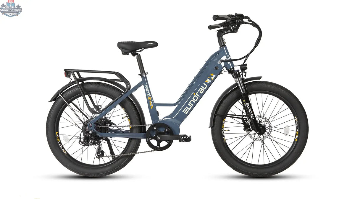 E-Vélo EUNORAU QUEBEC META24 1.0 electric bicycle with sleek frame and modern design, showcasing its innovative features.