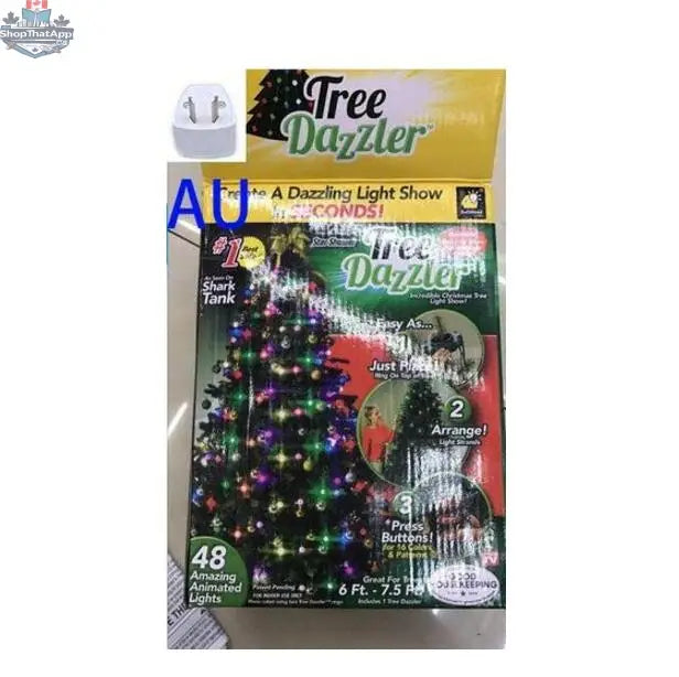 Colorful 64 and 48 light Dazzler Christmas tree light show with glowing LED lights on a decorated holiday tree.