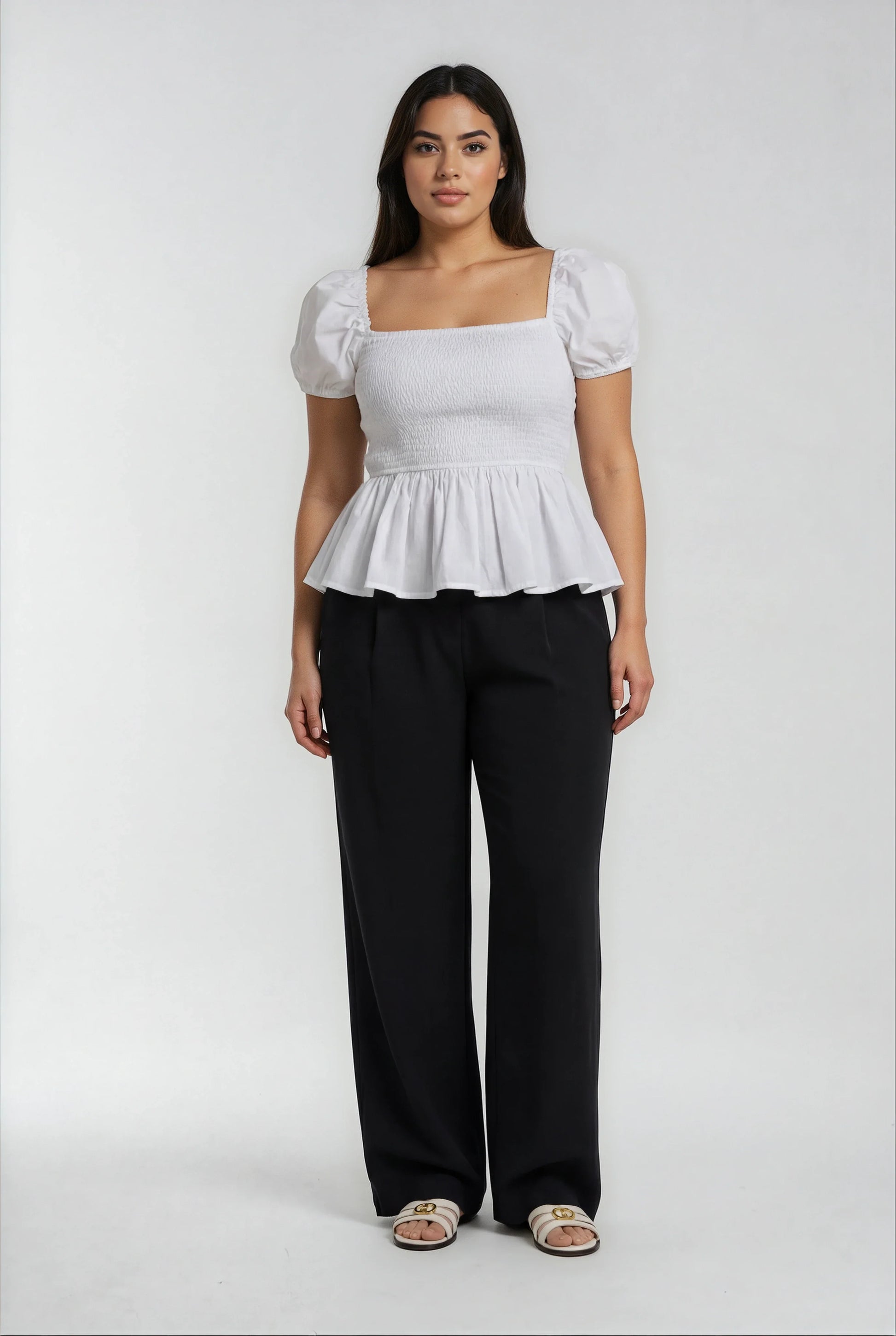 Sera Cotton Poplin Puff Sleeve Blouse Top in White - Elegant Peplum Design - Shopthatapp.ca