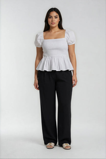 Sera Cotton Poplin Puff Sleeve Blouse Top in White - Elegant Peplum Design - Shopthatapp.ca