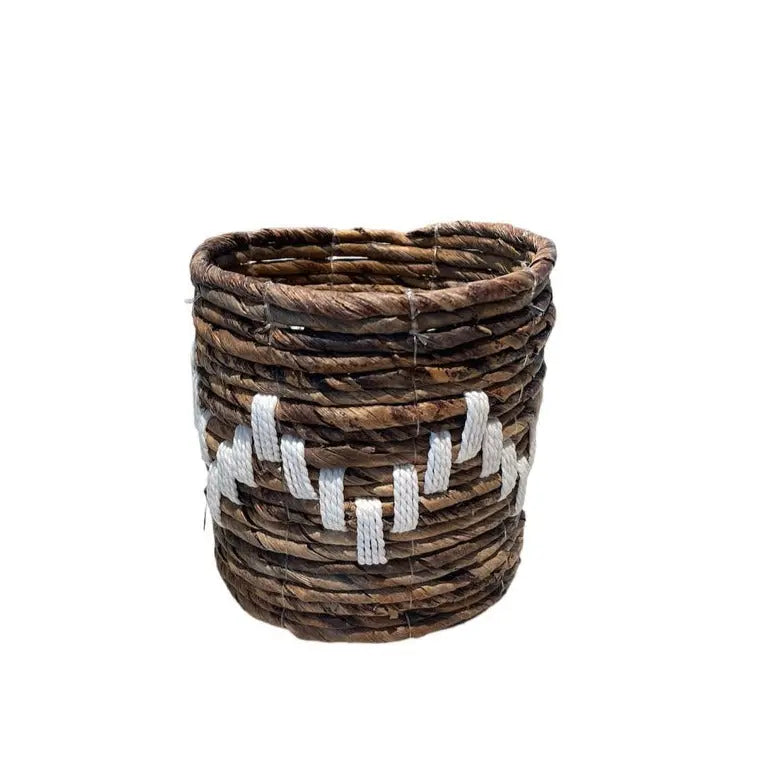 Eco-friendly banana leaf macrame planter basket with zigzag design, ideal for home decor, by Suzie Blue Canada.