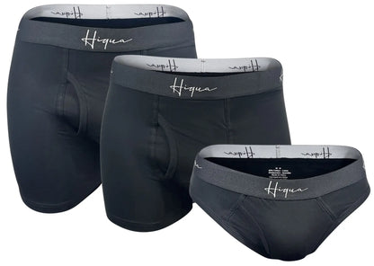 Three-pack men's underwear set by Hiqua Apparel, including briefs, boxer trunks, and classic briefs in various colors.
