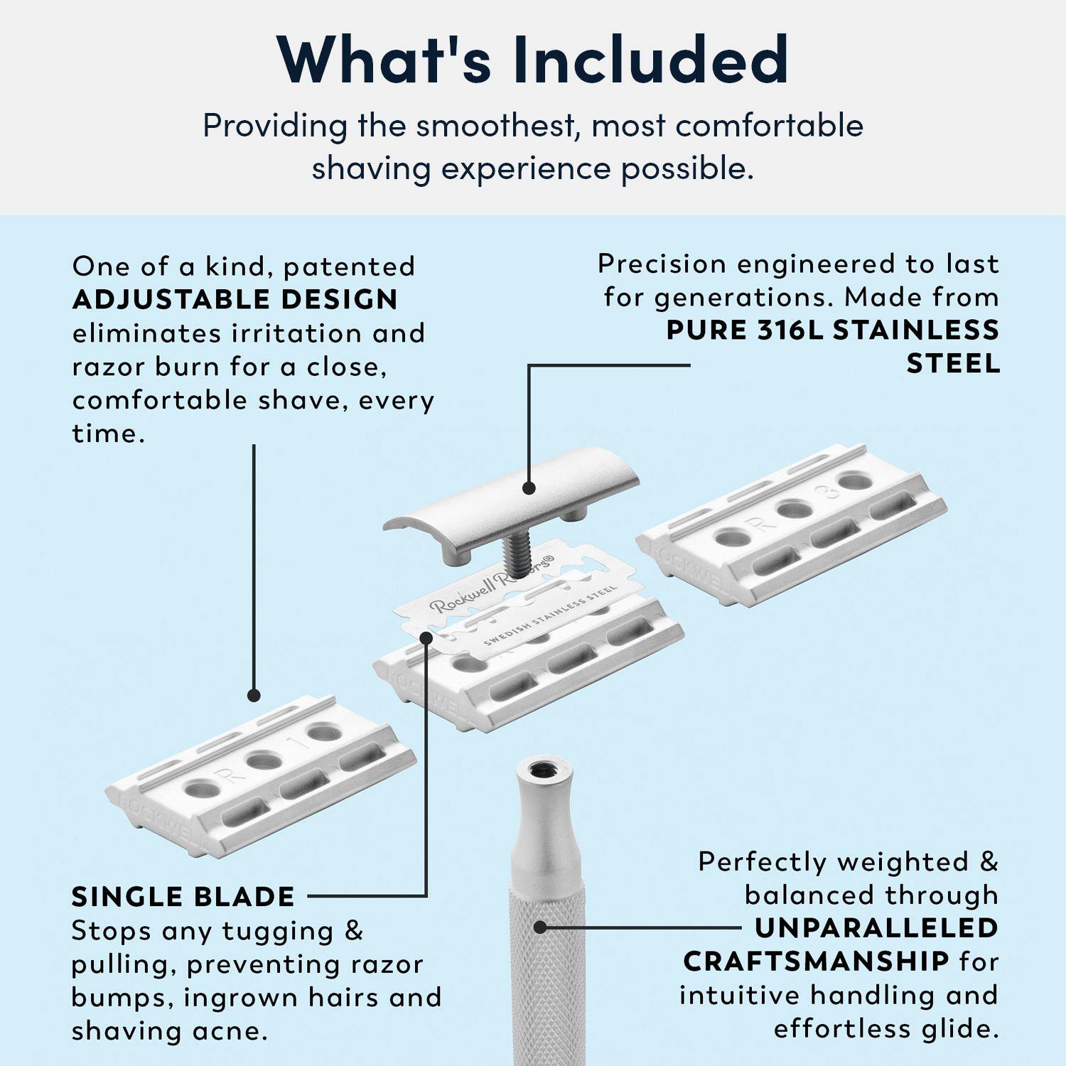 Rockwell 6S Stainless Steel Adjustable DE Safety Razor - Matte Stainless (6 Settings)