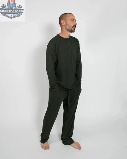 Deep Forest Green Waffle Unisex Long Pajama Set - Shopthatapp.ca