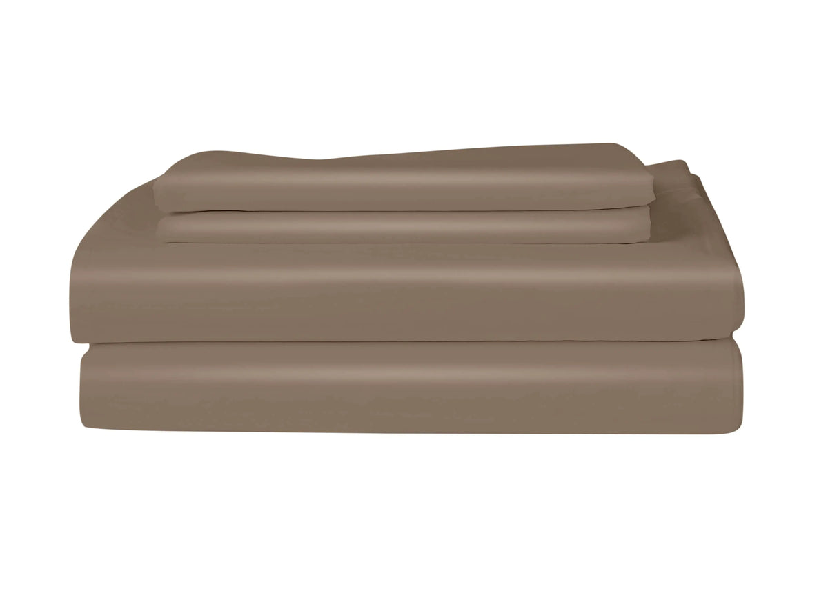 Soft taupe Skylark+Owl Canada refined sateen sheet set with smooth, luxurious fabric for comfortable bedroom bedding.